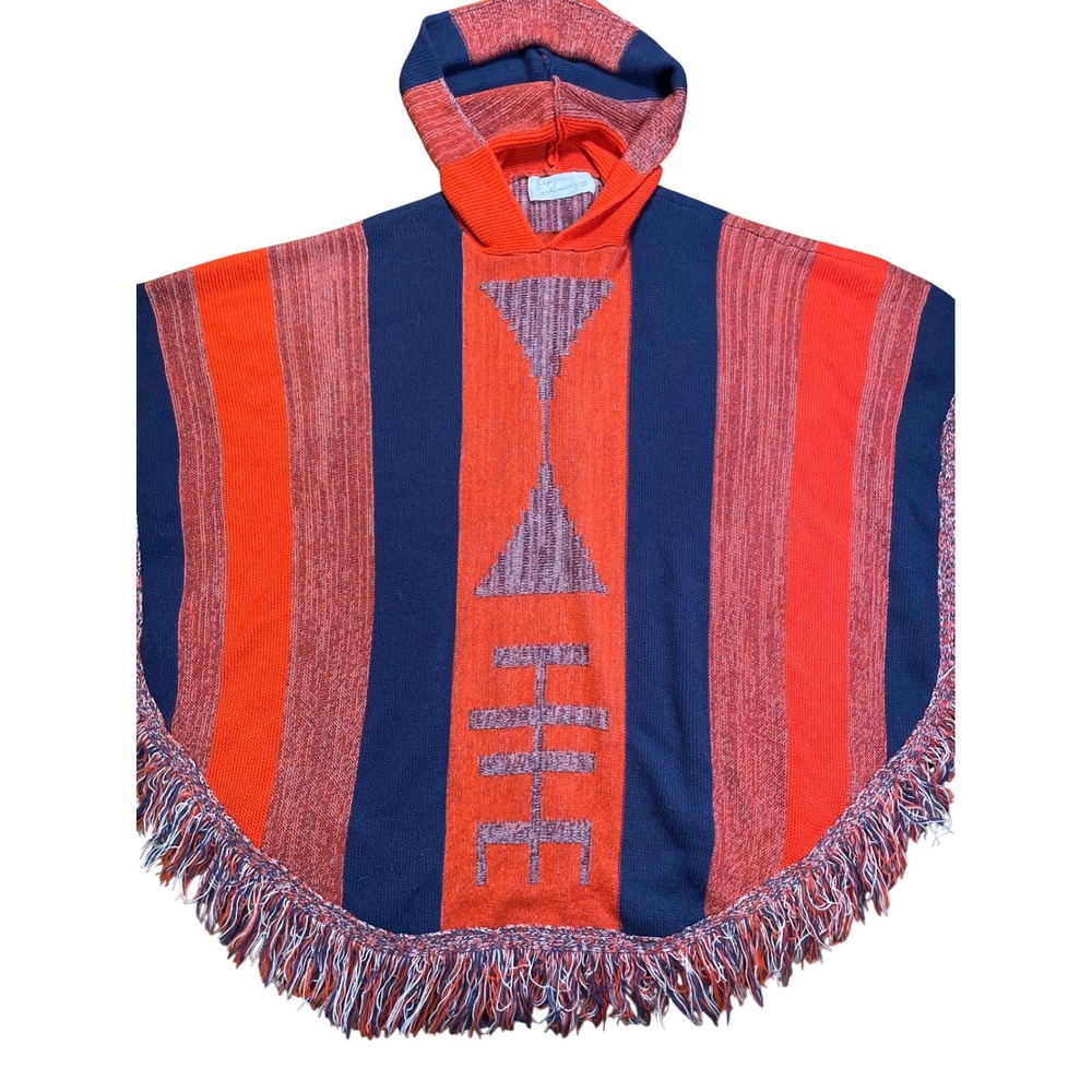 Boho Striped Hooded Vintage Havana Poncho Red Navy Fringe Geometric Tribal Women